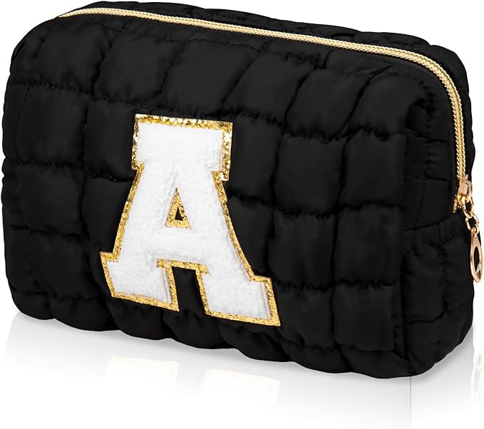 Initial Checkered Makeup Bag, Large Quilted Cosmetic Bag, Cute Make up Pouch for Purse, Travel Toiletry Storage Bag for Women Preppy Teen Girls Gift Trendy Stuff Gift (Black A)