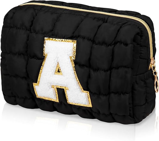 Initial Checkered Makeup Bag, Large Quilted Cosmetic Bag, Cute Make up Pouch for Purse, Travel Toiletry Storage Bag for Women Preppy Teen Girls Gift Trendy Stuff Gift (Black A)