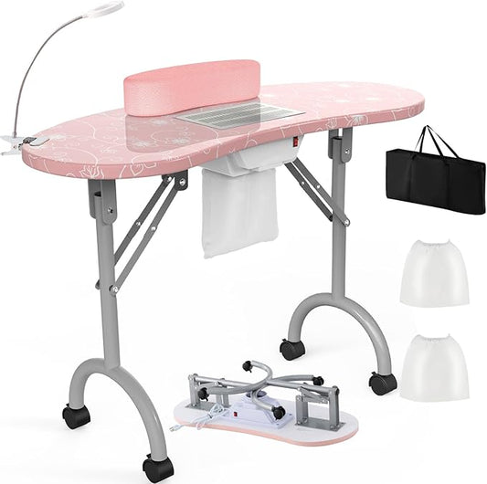 WELLHUT Nail Tech Table Vented Manicure Table w/LED Lamp, Dust Collector, Carry Bag & Soft Cushion, Portable Nail Tables w/Universal Mute Wheels for Nail Lovers Home Spa Beauty Salon
