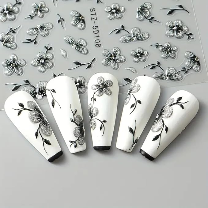 Flower Nail Art Stickers Decals 5D Embossed Flowers Nail Decals Nail Art Supplies Watercolor Ink Floral Leaf Petal Design Summer Nails Adhesive Sliders Flower Stickers for Women Nail Art Decorations