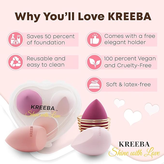 KREEBA 3 Pcs Makeup Sponge Set Comes with Heart-Shaped Travel Box-Makeup Sponges Oval Included Bonus Gold Drying Stand-Latex-Free Make Up Sponges for Face-Beauty Blender Sponge Give Flawless Finish