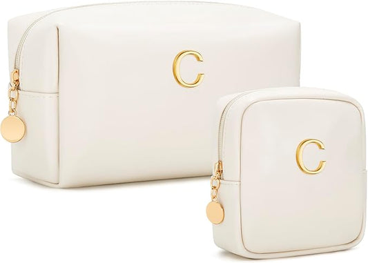 Personalized Christmas Gifts for Women - Initial Makeup Bag Birthday Gifts for Women Travel Toiletry Bag Cosmetic Bags with Soft PU Leather (Beige C)
