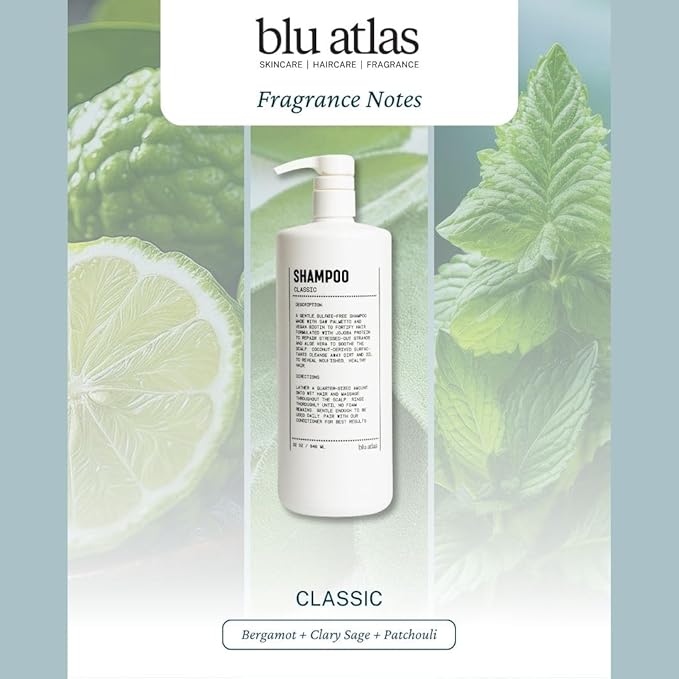 Blu Atlas Men's Natural Shampoo – Organic, Sulfate-Free, Paraben-Free – Deep Cleansing & Hydrating – Classic Scent (Bergamot, Sage, Patchouli) – Made in America– 32 oz