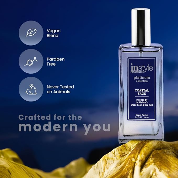 Instyle Fragrances, Platinum Collection, Coastal Sage, Inspired by Jo Malone’s Wood Sage & Sea Salt, Unisex Eau de Parfum, CLEAN, Vegan, Paraben-Free, Never Tested on Animals, 3.4 Fluid Ounces