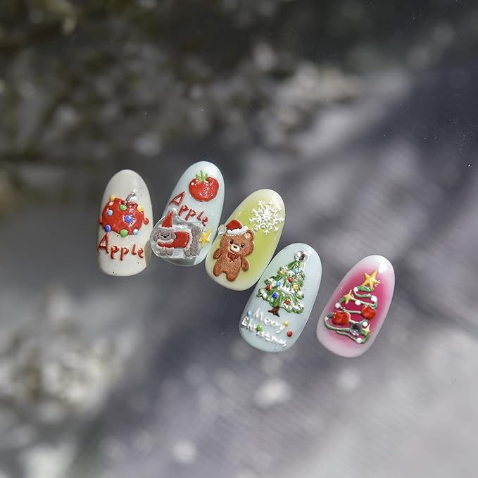 Christmas Nail Art Stickers 5D Diamond Xmas Nail Decals 1PCS Xmas Trees Apple Santa Claus Bear Christmas Nails Design Cute Holiday Nail Stickers Nail Art Supplies for Women DIY Manicure Decorations