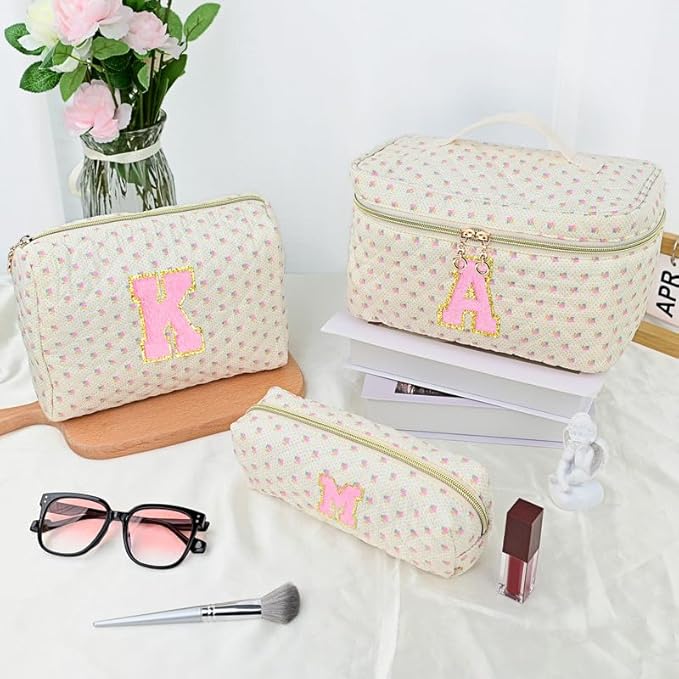 3 PCS Travel Makeup Bag Set,A-Z Initials Cotton Make up Bag Floral Quilted Cosmetic Bag for Girls and Women,Personalized Christmas Gifts,Cute Toiletry Travel Accessories Brushes Bags-O