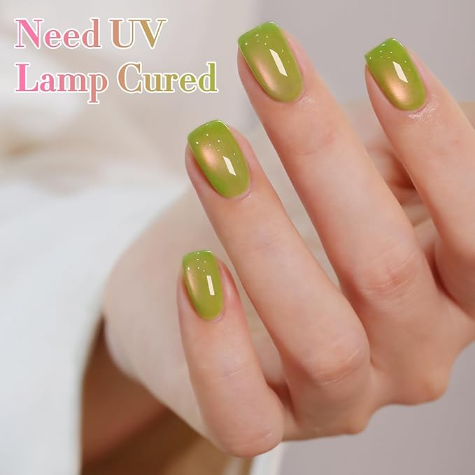 Double Rhythm 0.5 OZ Cat Eye Gel Polish with Magnet 15ML Holographic Glitter Shimmer Translucent Jelly Color Magnetic Nail Polish Salon DIY at Home (Green Pink-MC1214)