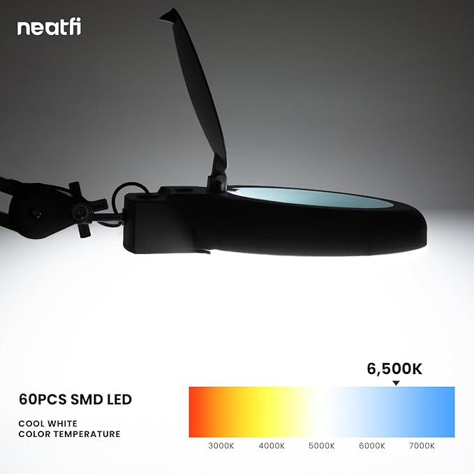Neatfi (New Model) LED Magnifying Lamp with Clamp, 12W, 60 SMD LEDs, Adjustable Step Dimming Brightness, Desk Lamp Magnifier Light for Crafts, Painting, and Hobbies (Black, 5-Diopter)