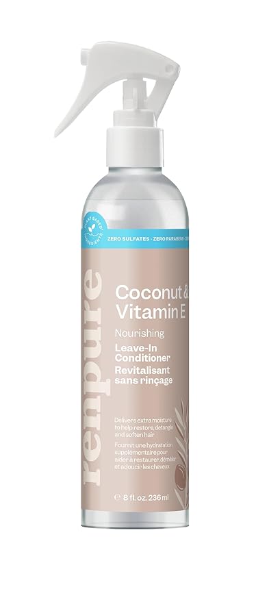 RENPURE Plant Based Natural Leave In Conditioner Spray - Hydrating Vitamin E & Coconut Oil Deep Conditioner for Hair & Beards - Sulfate Free, Anti Frizz, Heat Protectant Detangler Spray Leave In