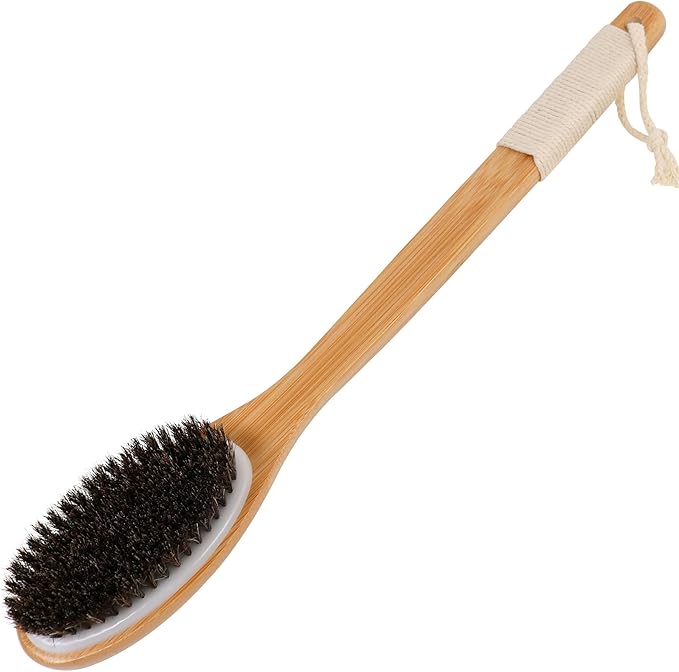 OWIIZI Horsehair Bath Brush Bamboo Curved Long Handle Antiskid Body Brush for Exfoliating, Natural Mane Shower Scrubber for Back Use Wet or Dry,Back Scrub Deep Cleanse-17.9inches
