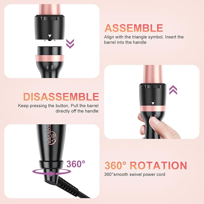 5 in 1 Curling Wand Set, Sixriver Hair Curling Iron with Curling Thermal Brush&4 Interchangeable Ceramic Curling Wand(0.4”-1.25”), Long Lasting Curls, Fast Heating Hair Wand Curler with Glove&2 Clips