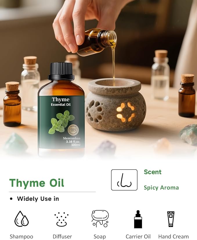 Pure Thyme Essential Oil, Mumianhua Natural Thyme Oil for Diffuser Aromatherapy, Hair Care, Skin, Massage, Soap,Candle Making, Protective Atmosphere, Outdoor Defense, Herbaceous Strength 3.38 Fl Oz