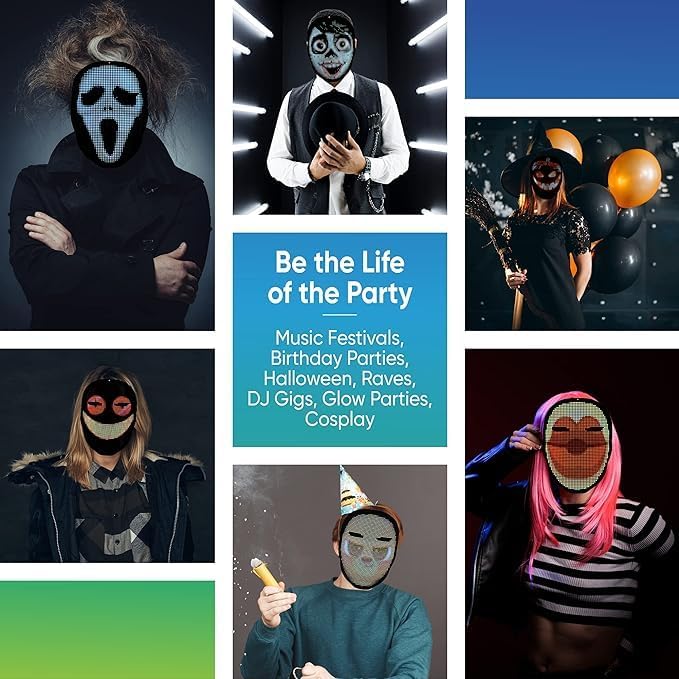 Glow Gear Face Transforming LED Mask App-Controlled Light Up Cosplay Mask with 115+ Animated Faces, Customizable LED Patterns, Rechargeable Battery Rave, Festival, Halloween, DJ Accessory