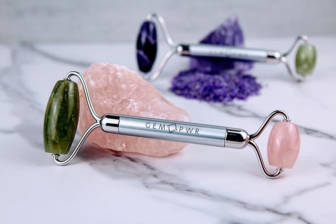 Rose Quartz + Jade Roller for Face and Neck Massage, Dual Gemstones with Durable Steel Handle and Travel Bag. Minimize Wrinkles, Reduce Puffiness and Restore Skin's Elasticity and Radiance