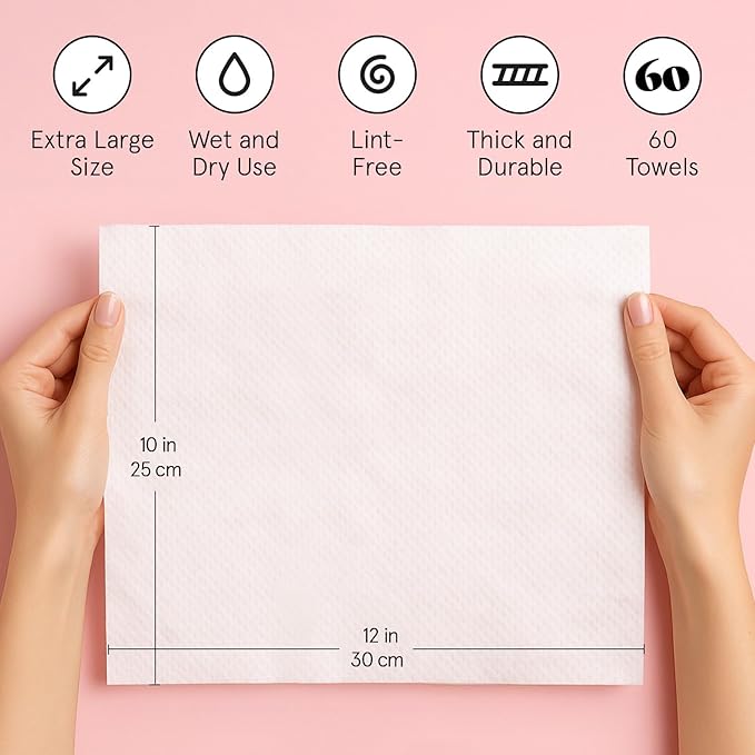 grace & stella Disposable Face Towels - Travel Essentials - Ultra-Soft & Absorbent Face Wipes Towelettes - XL Facial Towels for Cleansing & Makeup Removal - Lint-Free Facial Tissue - Vegan (60 Count)