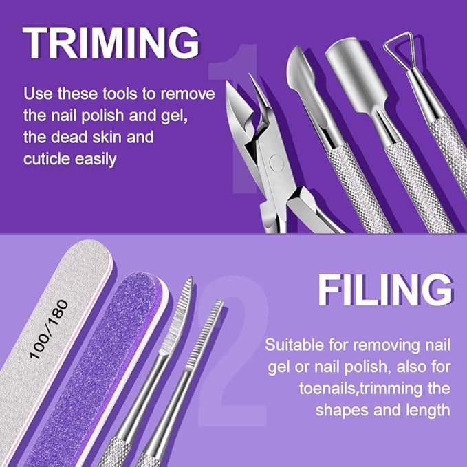 TsMADDTs 13PCS Manicure and Pedicure Tools Kit, Nail Files and Buffers Block, Polish Buffer, Cuticle Nippers, Cuticle Pusher and Peeler, File and Lifters for Toenails
