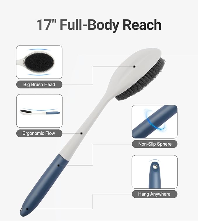surlees Back Brush for Shower for Men & Women 17" | Body Brush for Wet & Dry Brushing | Exfoliating Body Scrubber & Back Scrubber | Shower Brush with Long Handle (Gray, Scrub Force 5-7)