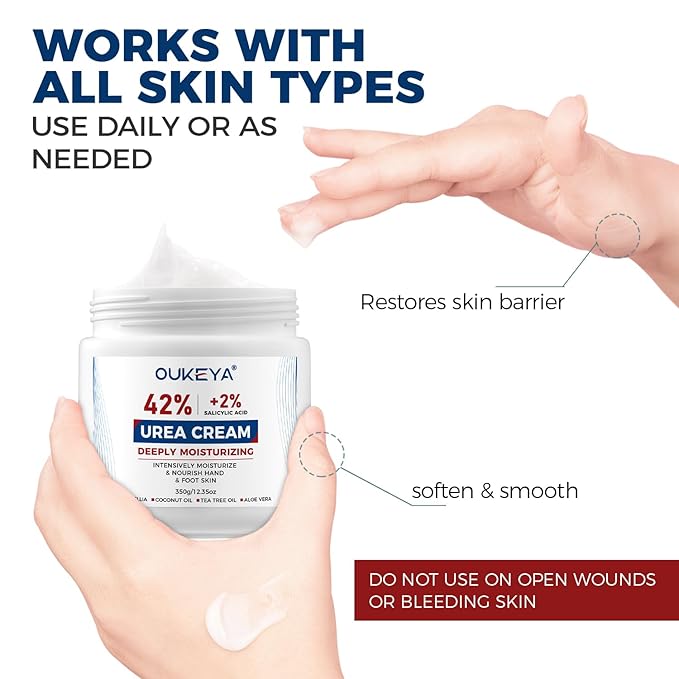 OUKEYA Urea Cream 42% plus Salicylic Acid 2% Net 350g for Dry Cracked Feet, Heels, Knees, Elbows, Hands Repair Treatment.Moisturizes and Removes Corns,Calluses,Dead Skin,and Softens Toenails