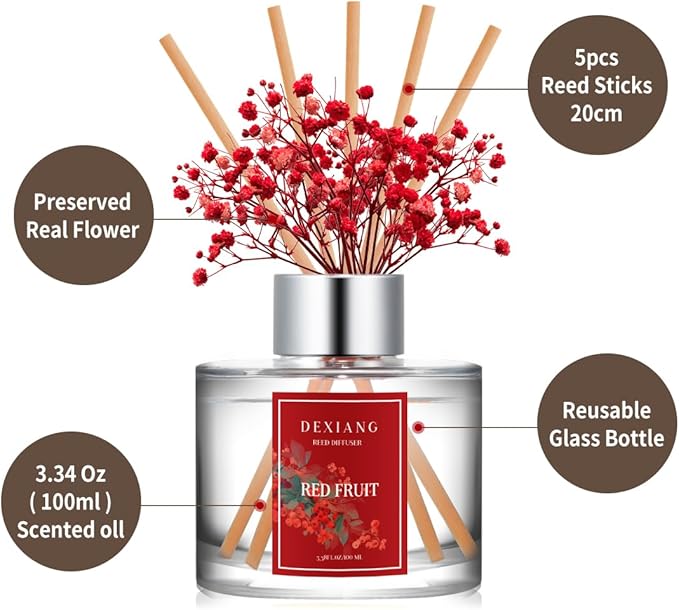 Reed Diffuser Set - 3.38 fl oz Red Fruit Premium Scented Oil with Preserved Baby's Breath & Cotton 6 Sticks | Long-Lasting Aromatherapy for Home, Bedroom, Bathroom, Office Home Decor