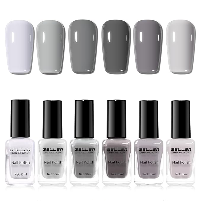 GELLEN Gray Nail Polish Set, Fall Winter Trendy Grey Regular Nail Polish Quick Air Dry 6 Dark Light Colors for Women Gifts DIY Fingernail Toe Nails Home Salon, Not Gel, Hema Free, Non-toxic, No Chip