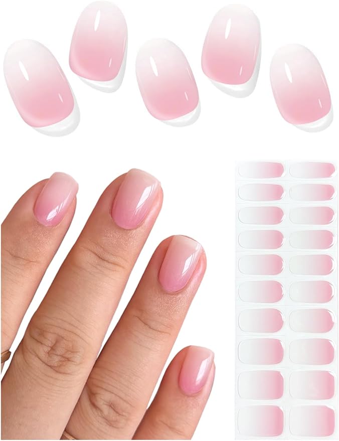 Semi Cured Gel Nail Strips (Jelly Omber Pink), 20 Pcs Gel Nail Wraps, Stickers, Salon Quality, Long Lasting, Works with Any Lamps