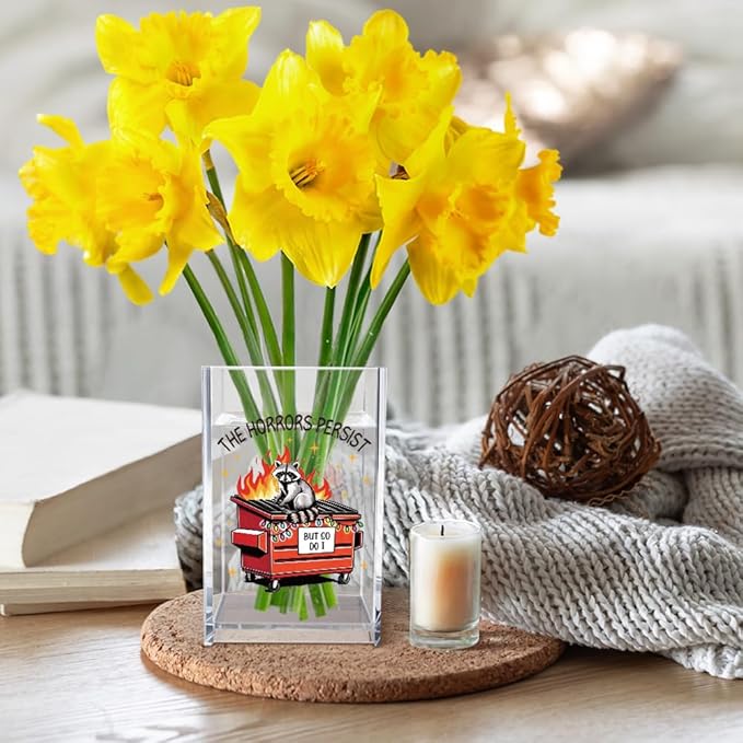 The Horrors Persist But So Do I Acrylic Cosmetic Pencil Pen Holder Cup, Funny Dumpster Fire Pen Holder Cup, Raccoon Lover Gift for Women Men, Mental Health Gifts for Women Colleague Boss Teacher