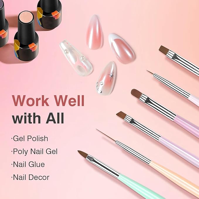Nail Art Brushes 6PCS Nail Brush Set with Gel Polish and Liner Brush and Dotting Pens for Home and Professional Salon Use