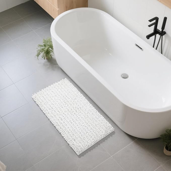 Yimobra Large Bathroom Rugs Non Slip Washable 36x24 Inch - Ultra Soft Absorbent Chenille Bath Mat, Quick Dry Shaggy Floor Carpet for Tub Shower, White Home Decor Accessories