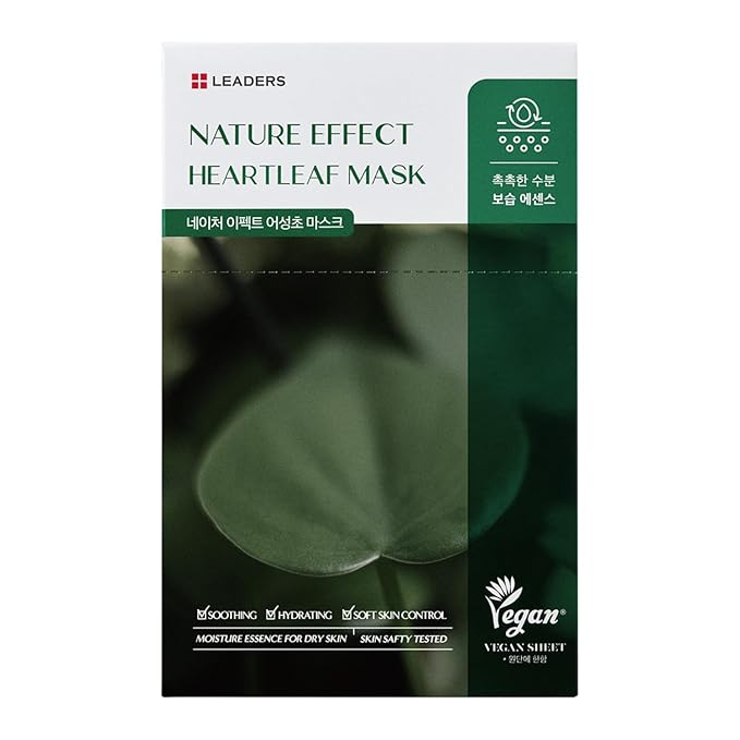 LEADERS Nature Effect Heartleaf Mask - Hydrating & Restoring Face Mask for Dry, Acne-Prone, Sensitive Skin | Soothing, Balancing, & Soft Skin Control Serum Content, Vegan Certified - 10 Sheets
