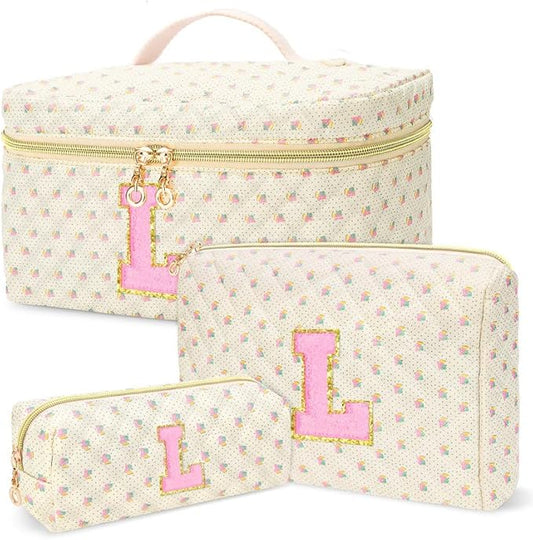 3 PCS Travel Makeup Bag Set,A-Z Initials Cotton Make up Bag Floral Quilted Cosmetic Bag for Girls and Women,Personalized Christmas Gifts,Cute Toiletry Travel Accessories Brushes Bags-L