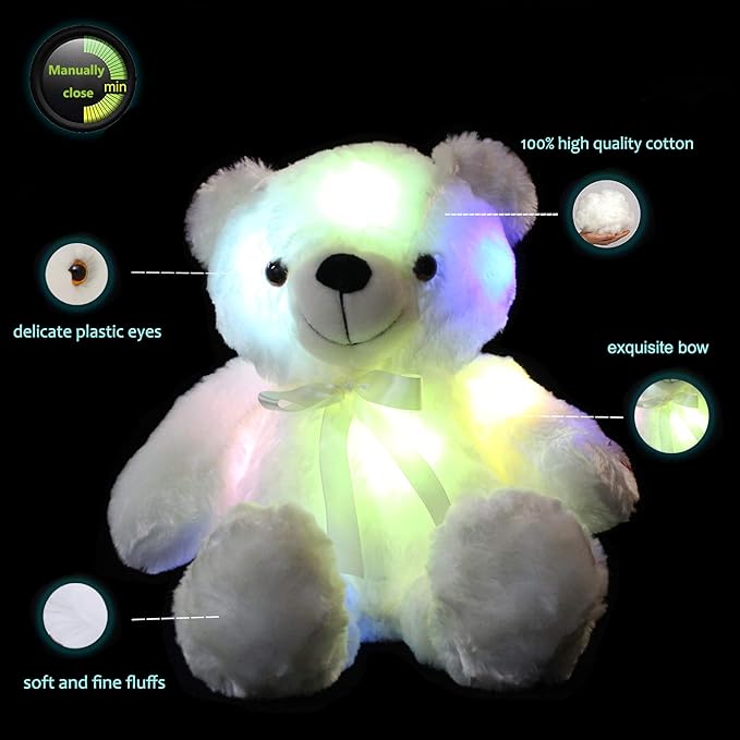 LED Teddy Bears Stuffed Animals, Cute White Glow Bear Plush Toys Creative Colorful Luminous Light Up Doll Gifts for Bedroom, Kids, Baby, Valentine,18 inch