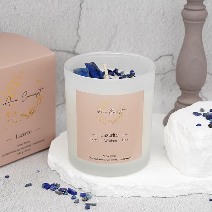 Healing Crystal Candle, Scented Candle Infused Lazurite Clear Quartz Crystals, Amber Ocean Scented, Positivity Energy, Cleansing Wellness, Gift for Women, Aromatherapy Clean Vegan 10Oz Jar