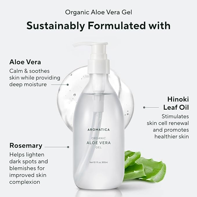 AROMATICA Organic Aloe Vera Gel (2 packs), After Sun Care and Sunburn Relief with Pure Aloe Vera Gel Face&Hair, Sun Burn Moisturizer EWG Verified (10.14oz/300ml)