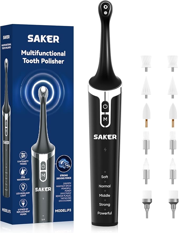 Saker Tooth Polisher, 2 Set Replacement Polishing Brush Heads(12pcs) Included, Rechargeable Tooth Polishing Kit, Dental Teeth Polisher with LED Light, 5 Speed Modes, Waterproof