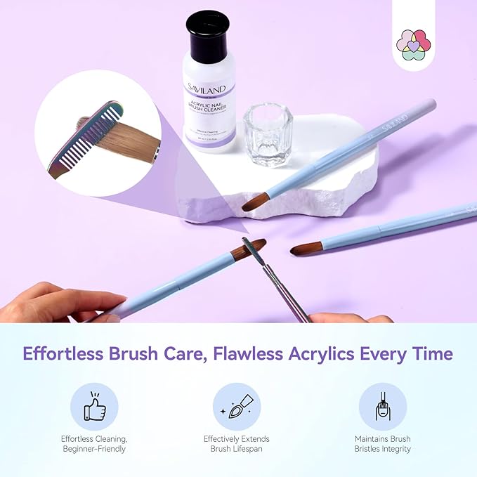 SAVILAND Acrylic Nail Brush with Cleaner: Size 8,10,14 Professional Acrylic Brushes Makeup Brushes Cleaner Conditioner Nail Brush Cleaner Tool & Dappen Dish for Acrylics Nails Home Salon DIY