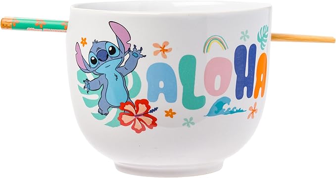 Silver Buffalo Disney Lilo and Stitch Aloha Tropical Ceramic Ramen Noodle Rice Bowl with Chopsticks, Microwave Safe, 20 Ounces