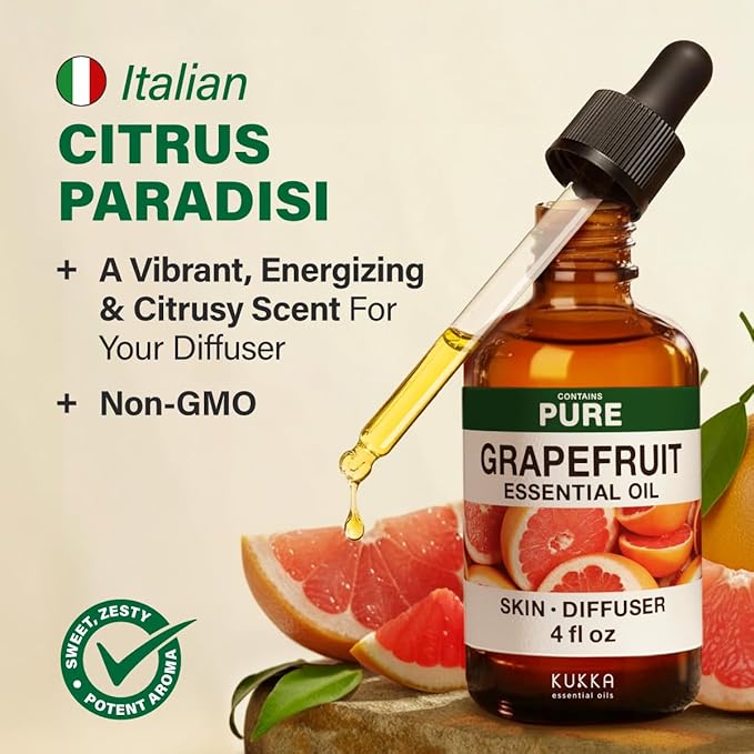 KUKKA Grapefruit Essential Oils - 4 Fl Oz - for Hair, Skin, Diffuser, Aromatherapy & DIY Soap Making Scent