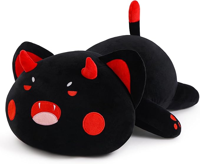 Black Cat Plush Pillow Kawaii Toy Cute Soft Cat Stuffed Animals Kitten Plushie Doll Great Gift for Kids and Adult Birthday Christmas Valentines, 12", Black Red