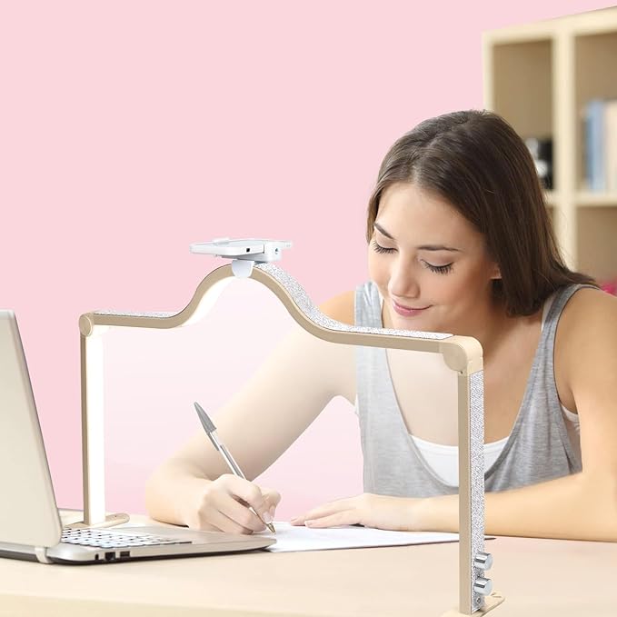 34-Inch Nail Light for Desk, 3-Level Dimming Half Moon Light, 3360LM Lamp, Adjustable with Phone Holder, Eye Protection – Ideal for Nail Techs - Golden