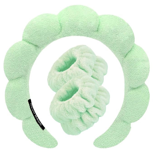 Spa Headbands for Washing Face Wristband Set Sponge Makeup Skincare Headband Wrist Towels Bubble Soft Terry Towel Cloth Hairband for Women Puffy Headwear Non Slip Thick Thin Hair Headwear (Green)