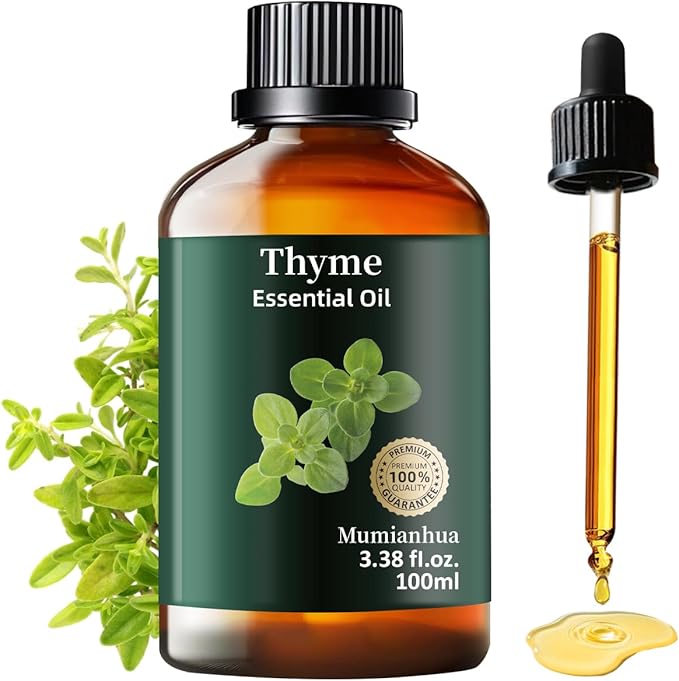 Pure Thyme Essential Oil, Mumianhua Natural Thyme Oil for Diffuser Aromatherapy, Hair Care, Skin, Massage, Soap,Candle Making, Protective Atmosphere, Outdoor Defense, Herbaceous Strength 3.38 Fl Oz