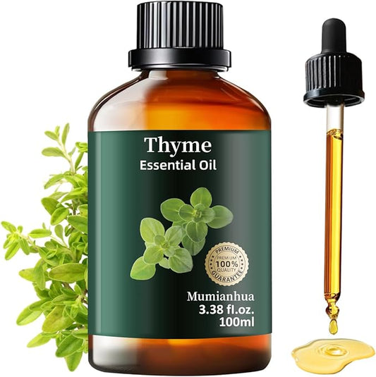 Pure Thyme Essential Oil, Mumianhua Natural Thyme Oil for Diffuser Aromatherapy, Hair Care, Skin, Massage, Soap,Candle Making, Protective Atmosphere, Outdoor Defense, Herbaceous Strength 3.38 Fl Oz
