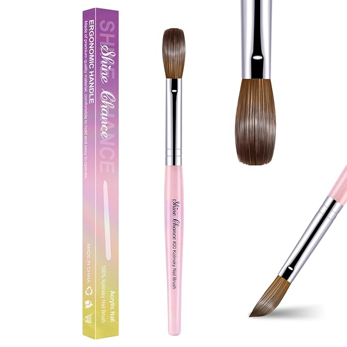 Acrylic Nail Brush Size 20, 100% Pure Kolinsky Nail Brush for Acrylic Application, Professional Nail Extension Manicure Tool Nail Drawing Pen for DIY Home Salon(Pink)