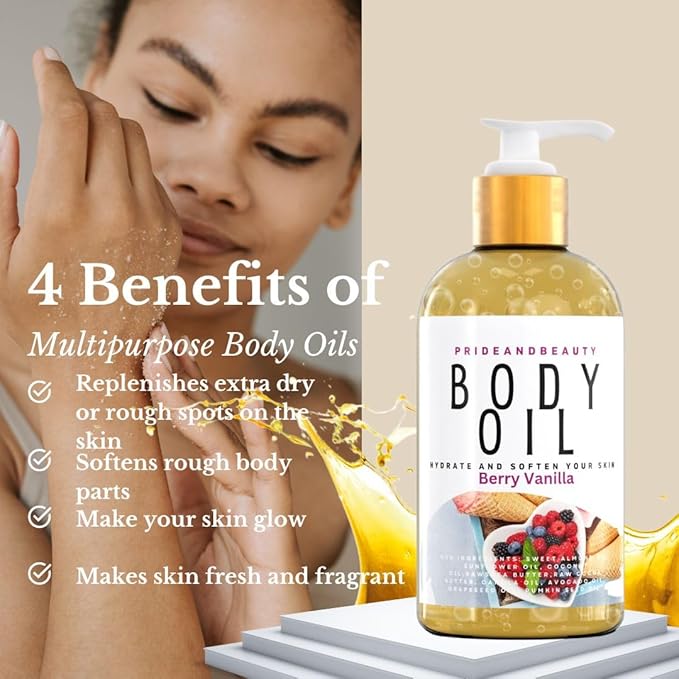 PrideandBeauty After Shower Oil. Skin Hydrating Oil. Body Oil Scented. Body Oils For Women Dry Skin. (4 OUNCES, Berry Vanilla)