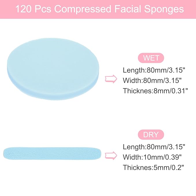 uxcell 120 Count Compressed Facial Sponges Round Face Cleansing Sponges Pads for Daily Skincare Routines at Home, Kitchen(Blue)