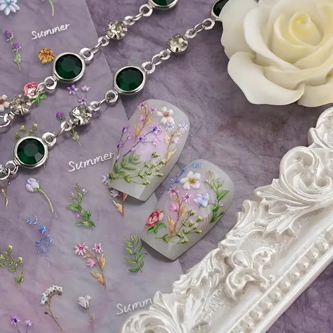 Flower Nail Stickers for Nail Art - Flowers Nail Art Stickers Summer Floral Leaf Plant 5D Embossed Nail Decals Self-Adhesive Nails Supply Manicure Sliders Flower Stickers for Nails Decoration