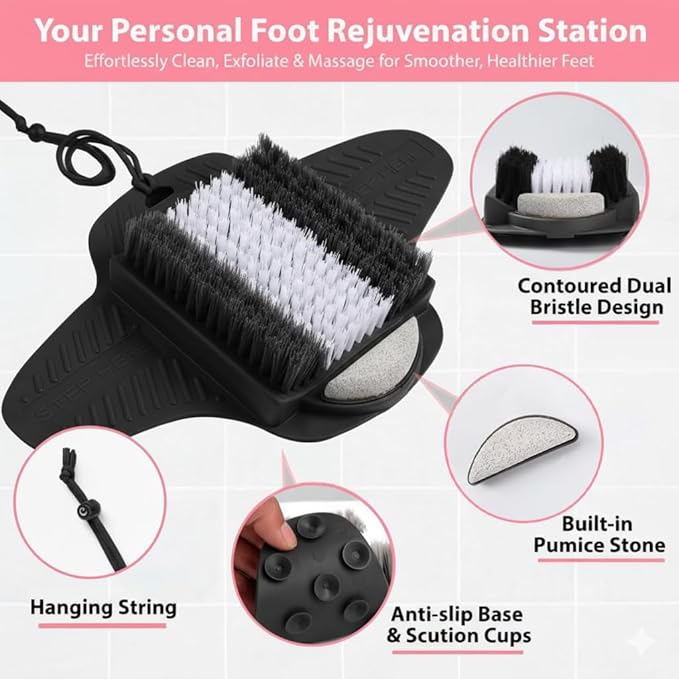 Efforest Shower Foot Scrubber Mat with Pumice Stone - Cleans, Smooths & Removes Dead Skin on Foot Without Bending, Foot Callus Remover with Non-Slip Suction Cups (Black)