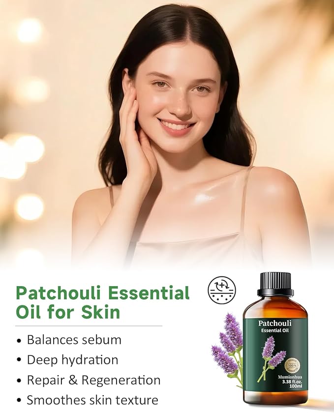 Pure Patchouli Essential Oil, Mumianhua Natural Patchouli Oil for Diffuser, Perfume, Skin,Hair, Soap Making, Room Spraying,Earthy Grounding, Outdoor Protection 3.38 Fl Oz