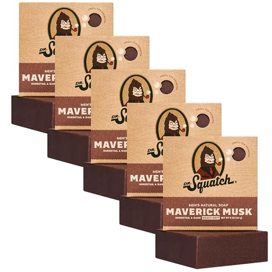 Dr. Squatch Natural Bar Soap for Men - Cold Process Soap with No Harsh Chemicals - Maverick Musk (5 oz, 5-Pack)