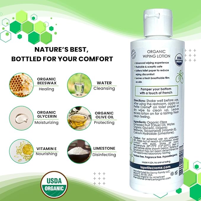 La Petite French Premium Wiping Lotion (8 oz) - Alternative to Wet Wipes for Better Bathroom Experience - Skin Cleanser & Moisturizer - Flushable - USDA Certified Organic and EWG Verified